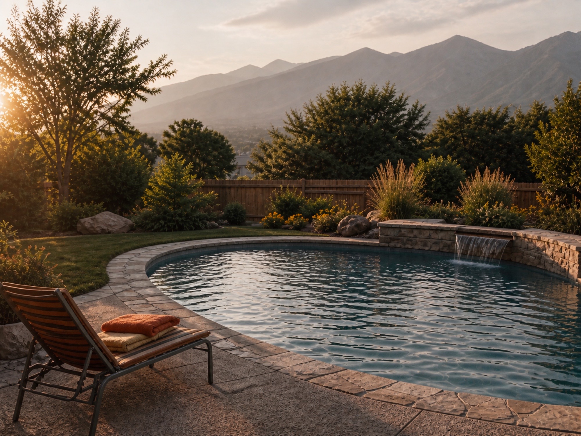 Pool design inspiration with mountain views, stone decking, and lounge chairs at sunset
