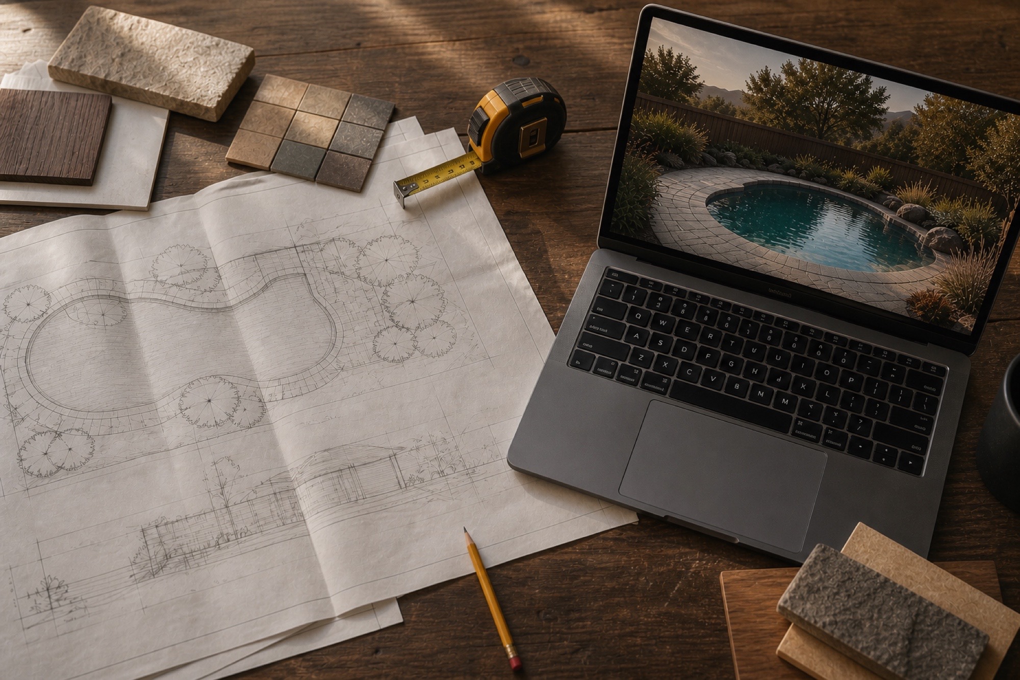 Pool plans, finish samples, and a backyard rendering